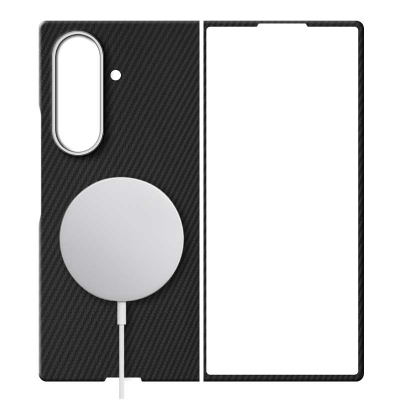 Samsung Galaxy Z Fold8 Ultra aramid fiber phone case with MagSafe charger attached in 600D black twill on white background