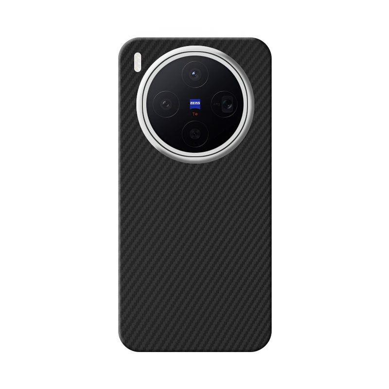 Vivo X300 black aramid fiber Kevlar phone case on a white background
