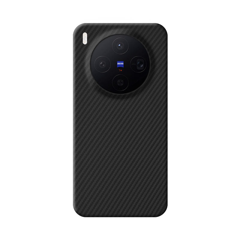 Komodoty's Black aramid fiber Kevlar phone case on a white background Vivo X300 Pro black camera rim on white background