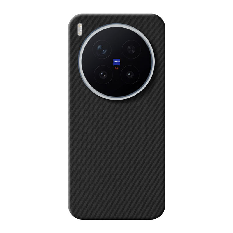 Komodoty's Black aramid fiber Kevlar phone case on a white background Vivo X300 Pro with metal camera rim on white background