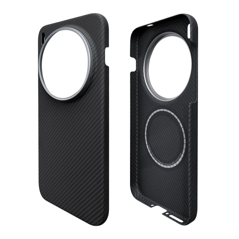 Komodoty's Black aramid fiber Kevlar phone case on a white background Vivo X300 Pro with metal camera rim, magnet inside, magsafe compatible, side view and inner case view