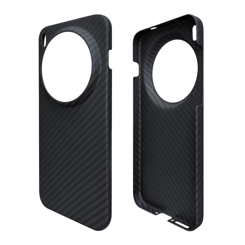 Komodoty's Black aramid fiber Kevlar phone case on a white background Vivo X300 Pro black camera rim front side view and another showing the inside of the case
