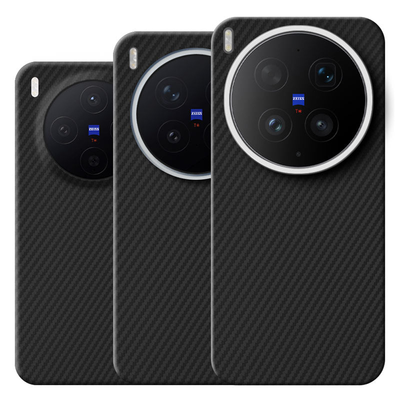 Three black carbon-fiber-textured phone cases for Vivo X300 series, each with a large circular camera cutout containing multiple lenses and a small blue Zeiss logo.