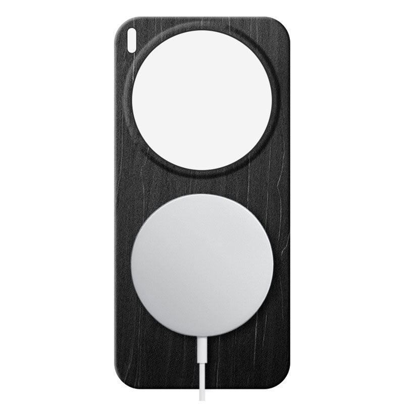Vivo X300 Ultra wooden phone case in charcoal black with a MagSafe charger attached against a white background