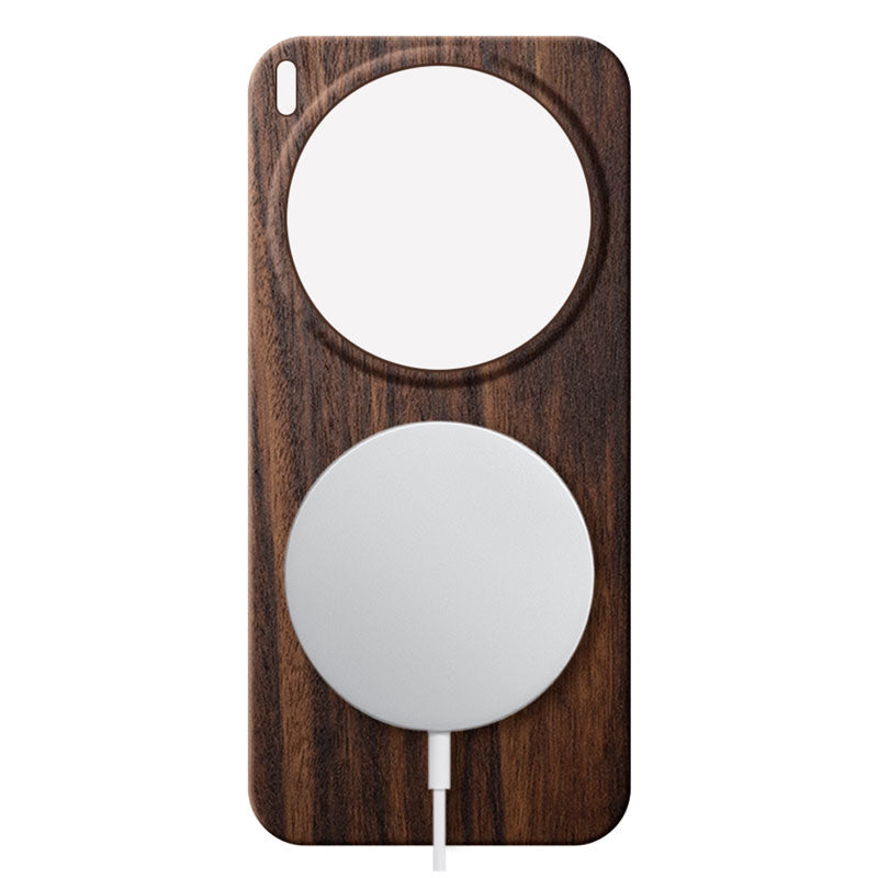 Vivo X300 Ultra wooden phone case in mahogany with a MagSafe charger attached against a white background