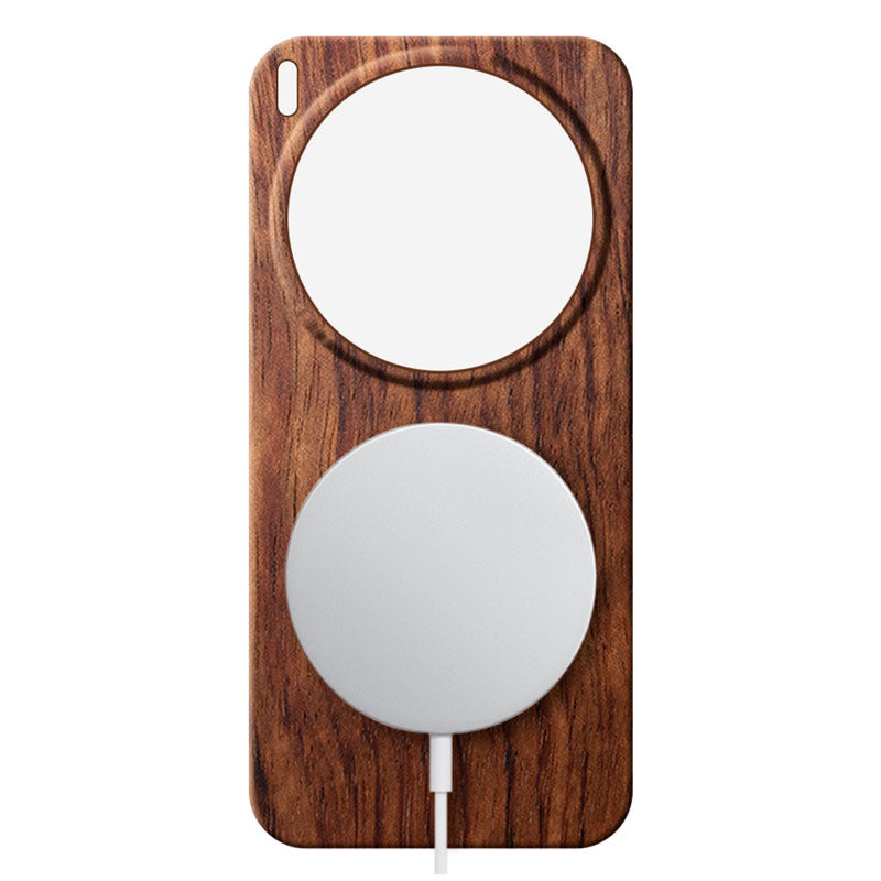 Vivo X300 Ultra wooden phone case in rosewood with a MagSafe charger attached against a white background