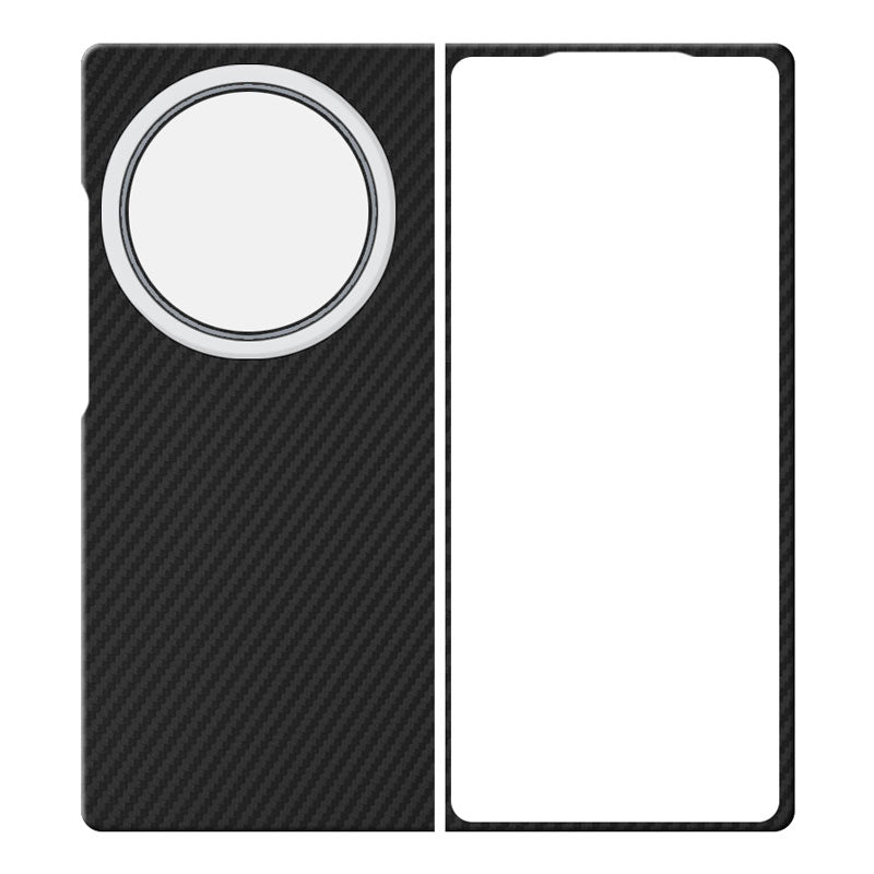Vivo X Fold3 Pro black aramid fiber phone case with metal ring on white background