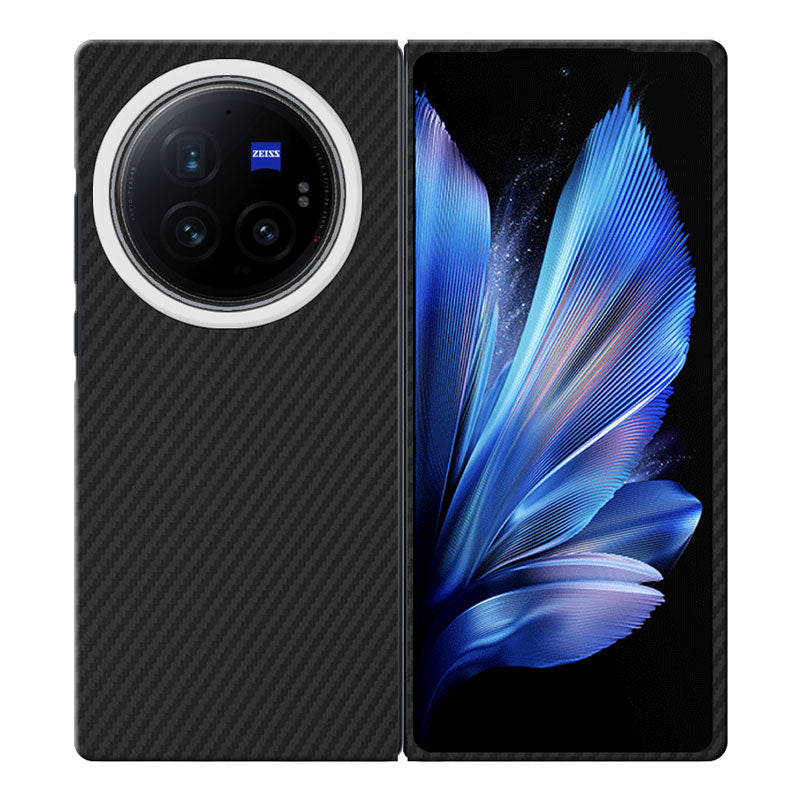Vivo X Fold3 Pro black aramid fiber phone case with metal ring on white background