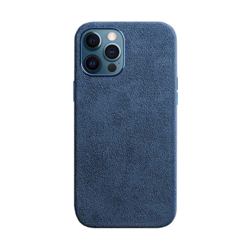 iPhone 12 Pro blue Alcantara phone case on white background