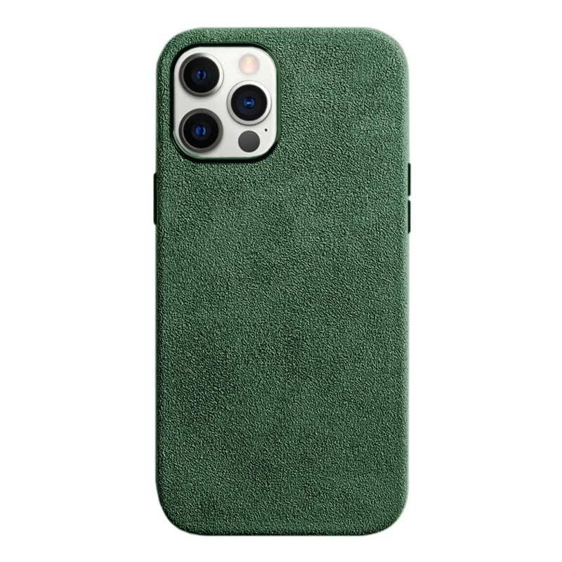 iPhone 12 Pro Max green Alcantara phone case on white background