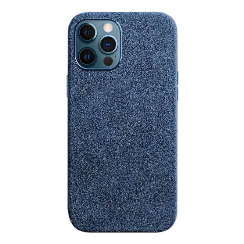 iPhone 12 Pro Max blue Alcantara phone case on white background