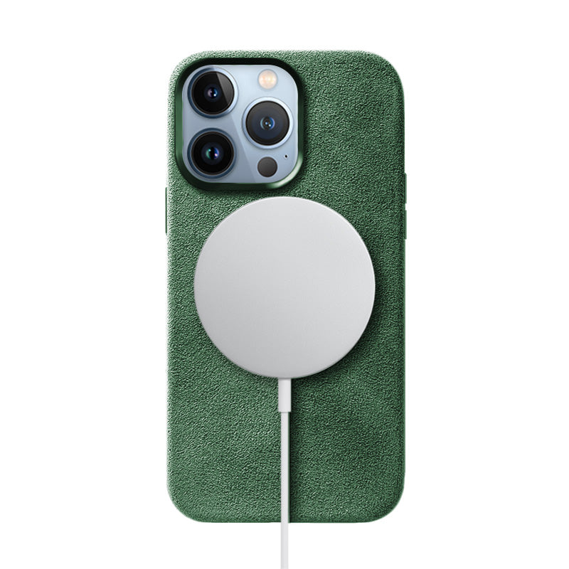 iPhone 13 Pro green Alcantara phone case on white background