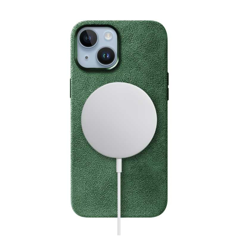 iPhone 14 green Alcantara phone case on white background