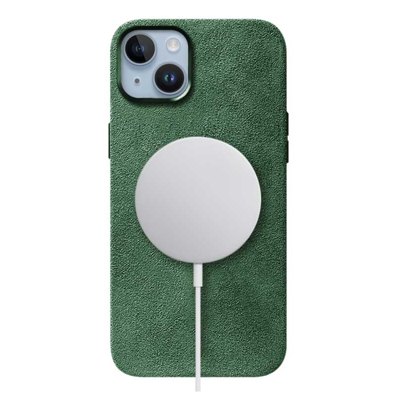iPhone 14 Plus green Alcantara phone case on white background