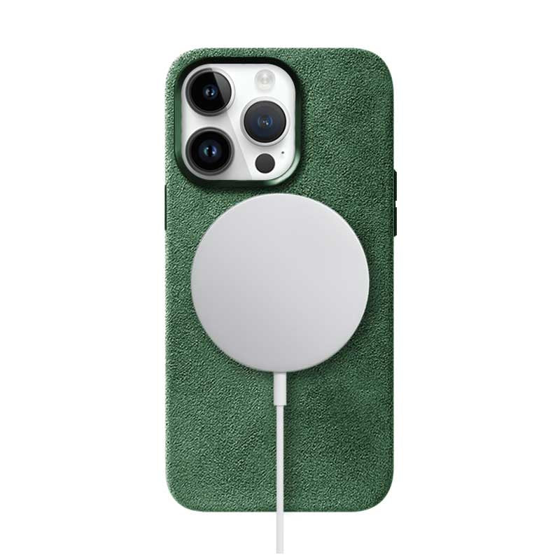 iPhone 14 Pro green Alcantara phone case on white background