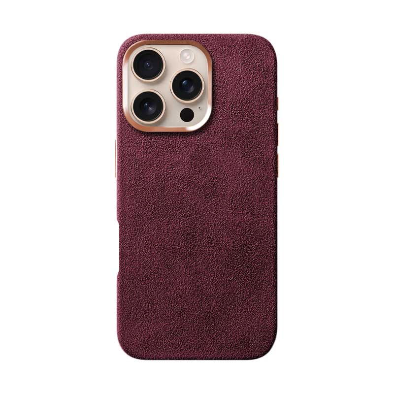 Burgundy Alcantara case for iPhone 16 Pro, product shot, straight-on back view with phone inside, on a plain white background