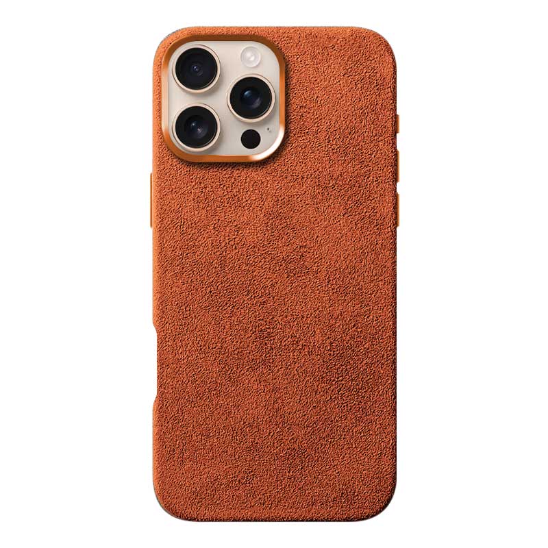 Desert Orange Alcantara case for iPhone 16 Pro, product shot, straight-on back view with phone inside, on a plain white background