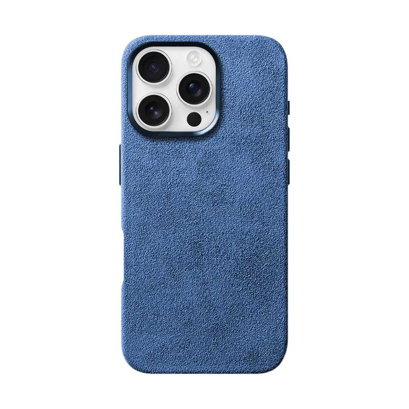 Glacier Blue Alcantara case for iPhone 16 Pro, product shot, straight-on back view with phone inside, on a plain white background