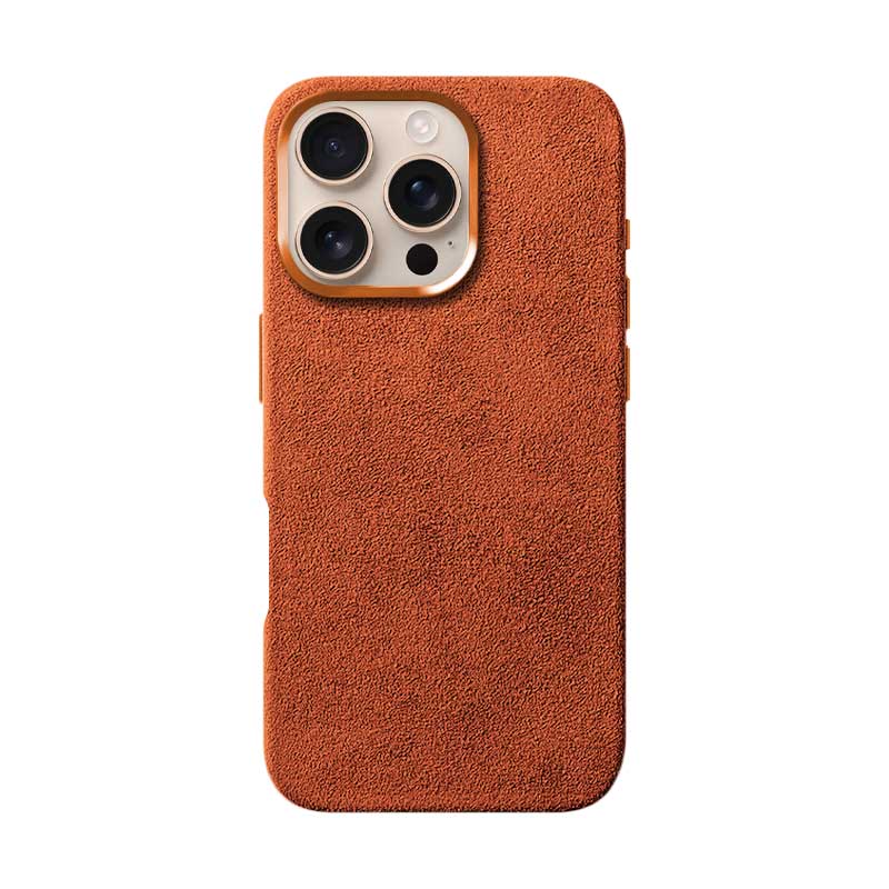 Desert Orange Alcantara case for iPhone 16 Pro Max, product shot, straight-on back view with phone inside, on a plain white background