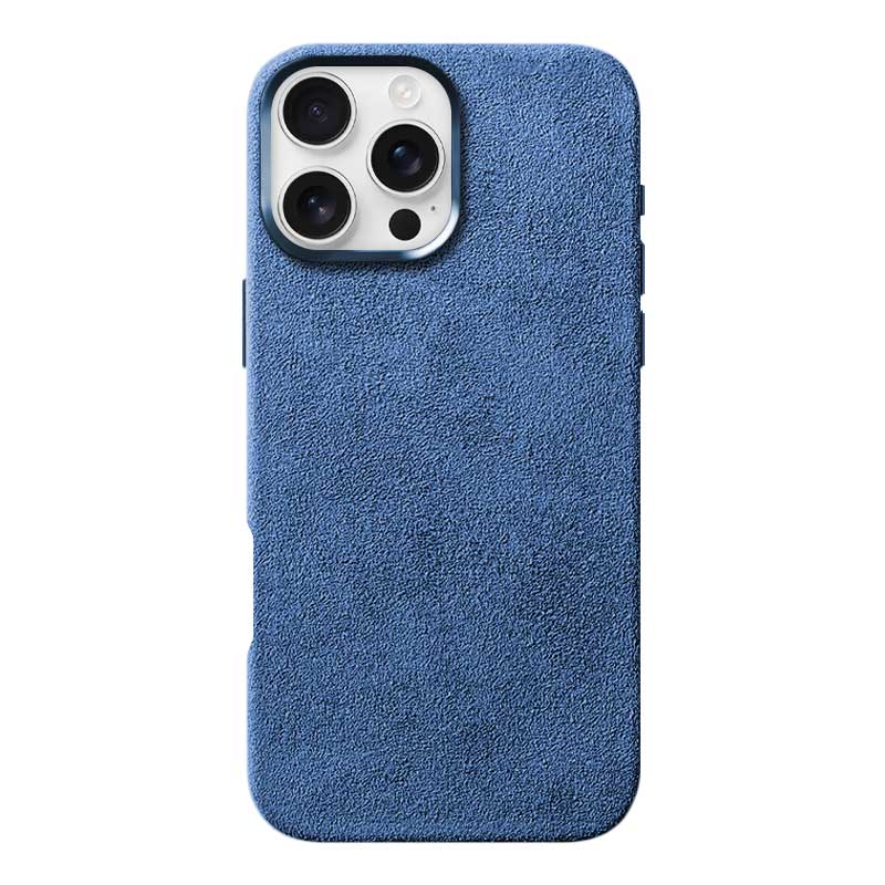 Glacier Blue Alcantara case for iPhone 16 Pro Max, product shot, straight-on back view with phone inside, on a plain white background