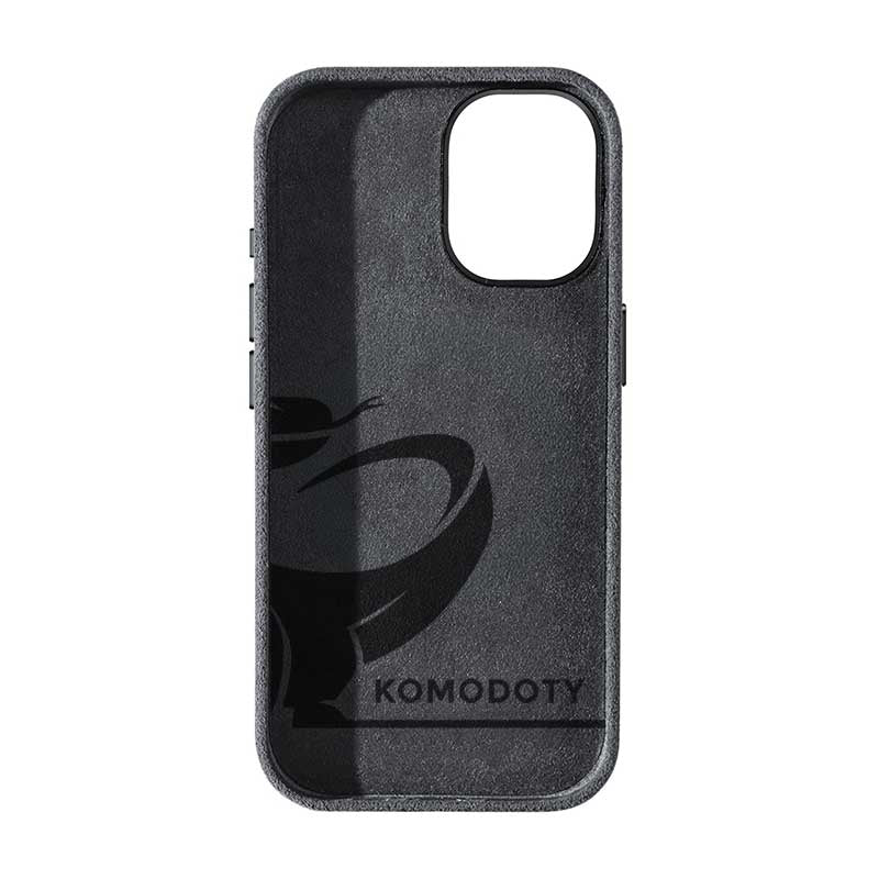 Alcantara iPhone 17 case in black with Komodoty logo inside on white background