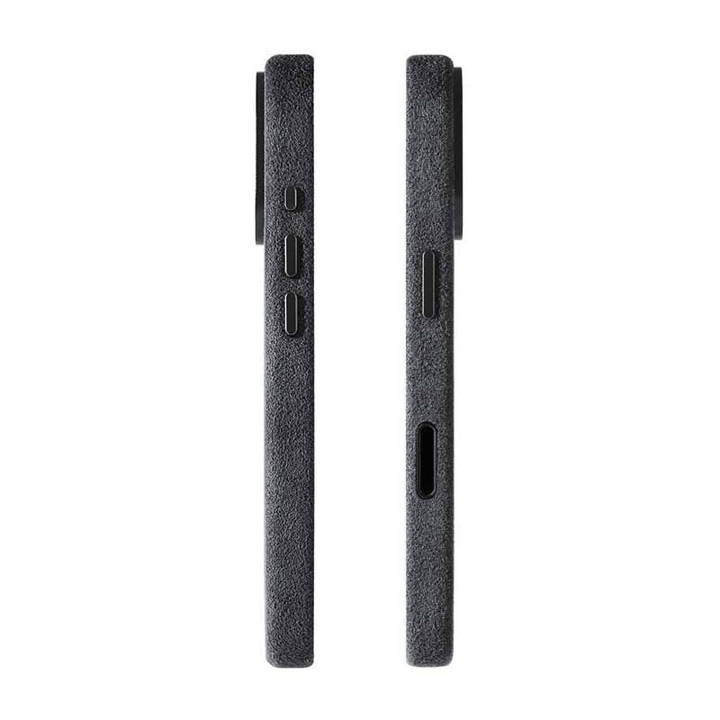 Alcantara iPhone 17 cases in black showing side profiles on white background