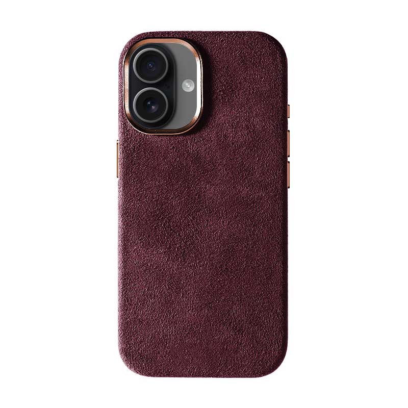 Burgundy Alcantara case for iPhone 17, product shot, straight-on back view with phone inside and rose gold camera ring, on a plain white background