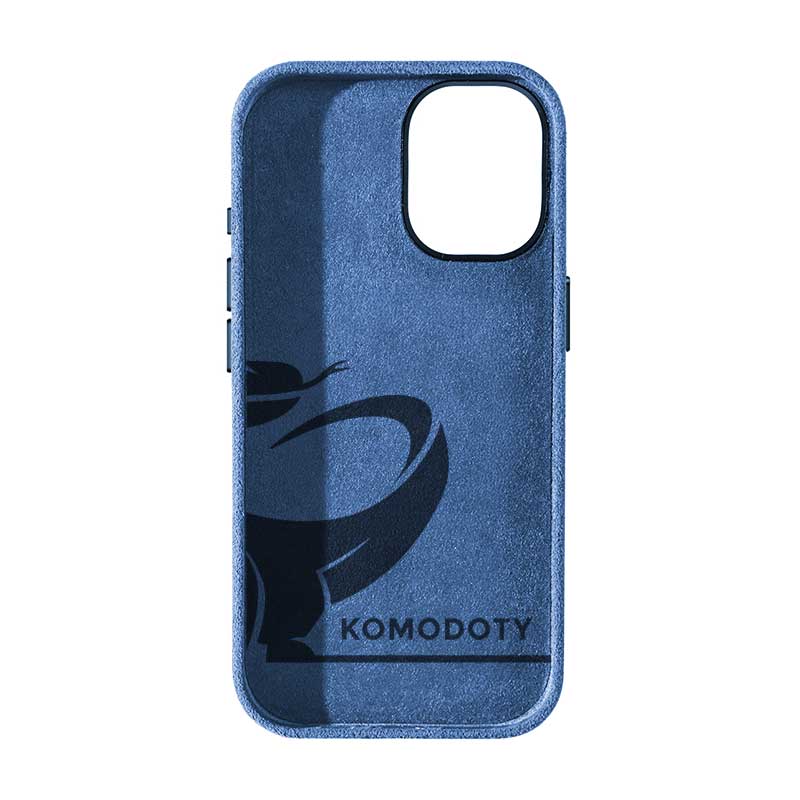 Glacier Blue Alcantara case for iPhone 17, inside view of the suede lining with Komodoty logo, on a plain white background