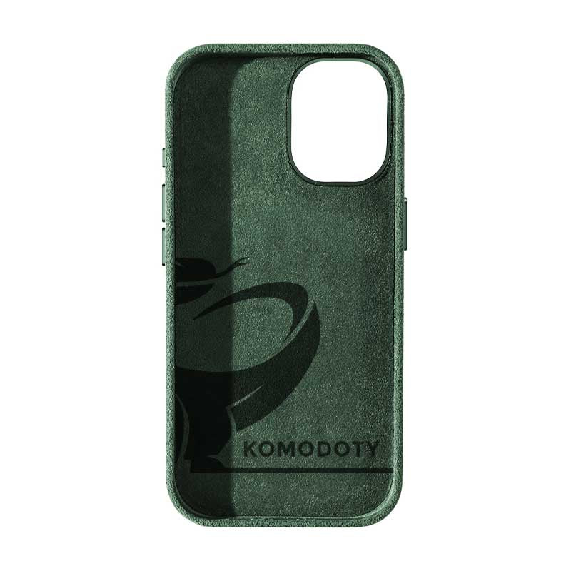 Alcantara iPhone 17 case in green with Komodoty logo inside on white background