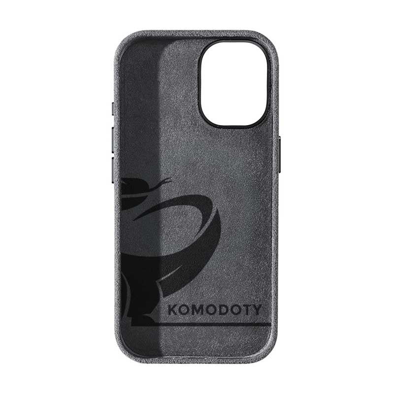 Alcantara iPhone 17 case in gray with Komodoty logo inside on white background