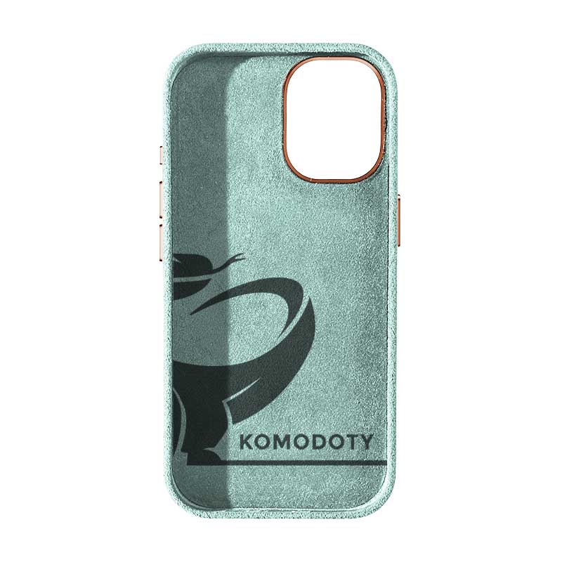 Alcantara iPhone 17 case in mint with Komodoty logo inside on white background