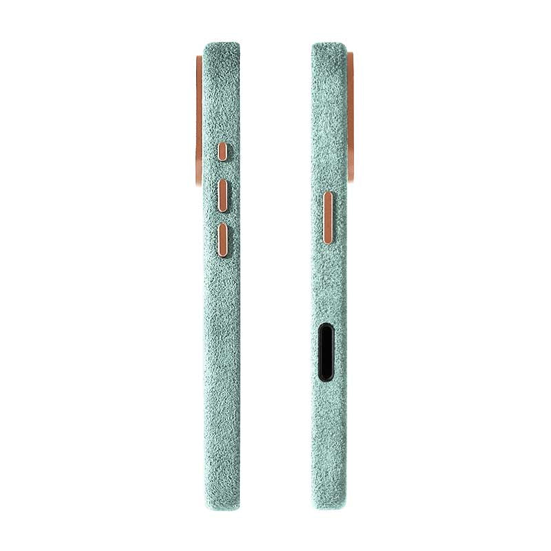 Alcantara iPhone 17 cases in mint showing side profiles on white background