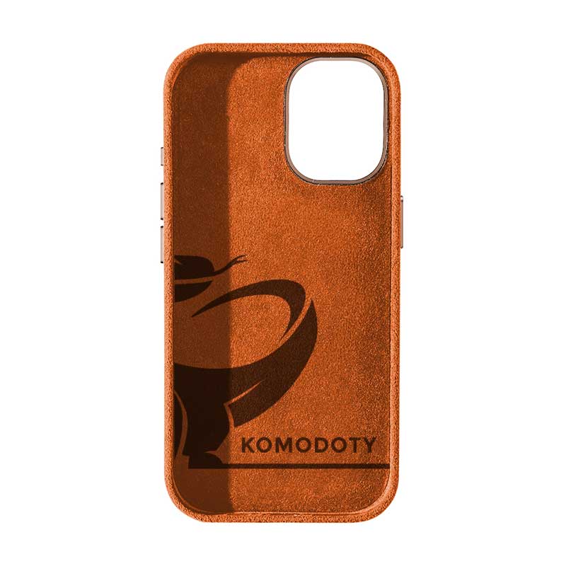 Alcantara iPhone 17 case in orange with Komodoty logo inside on white background