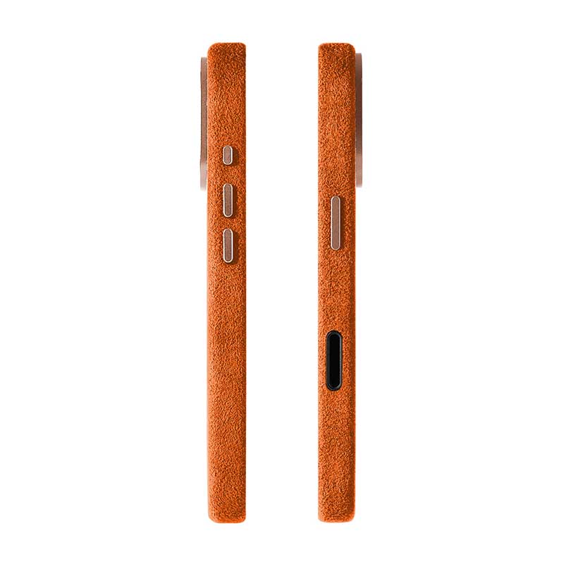 Alcantara iPhone 17 cases in orange showing side profiles on white background