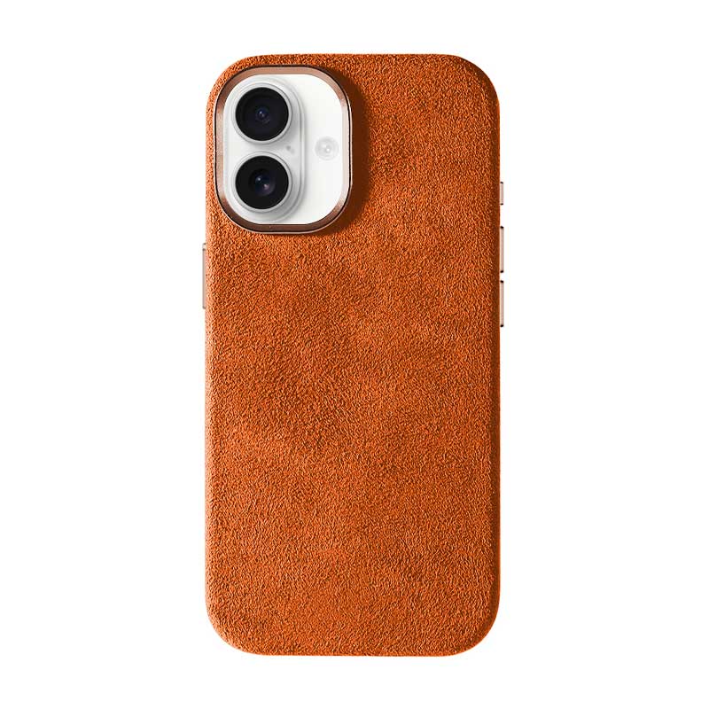 Alcantara iPhone 17 case in orange on white background