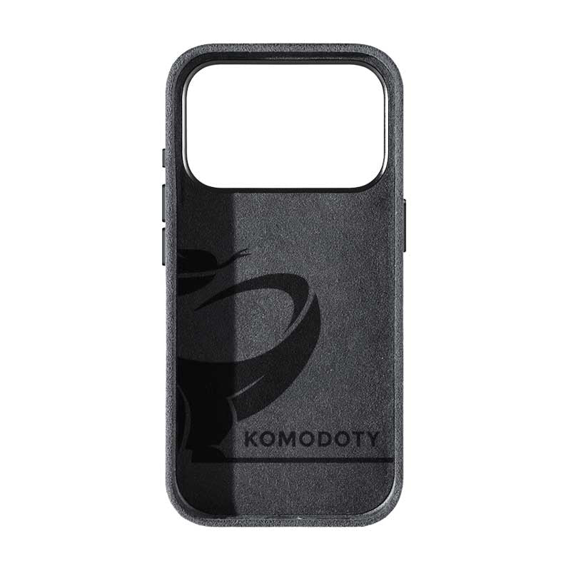 iPhone 17 Pro black Alcantara phone case with Komodoty logo inside on white background