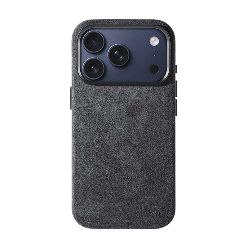 iPhone 17 Pro black Alcantara phone case on white background