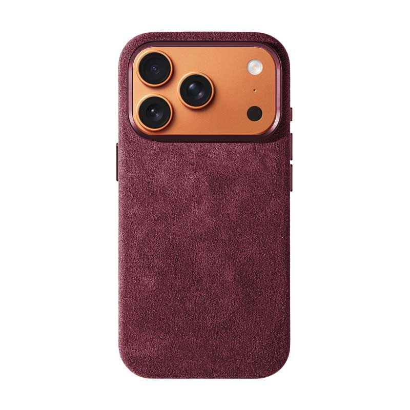 Burgundy Alcantara case for iPhone 17 Pro, product shot, straight-on back view with a Cosmic Orange phone inside, on a plain white background