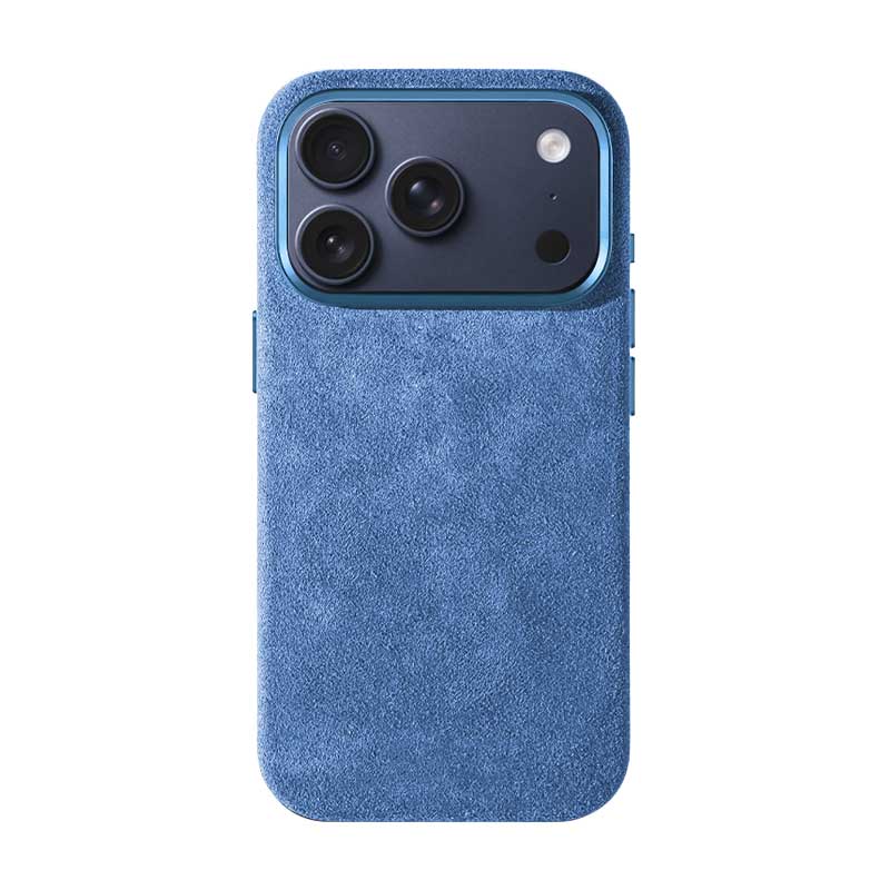 Glacier Blue Alcantara case for iPhone 17 Pro, product shot, straight-on back view with a Deep Blue phone inside, on a plain white background
