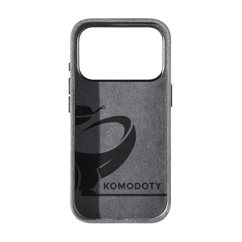 iPhone 17 Pro gray Alcantara phone case with Komodoty logo inside on white background