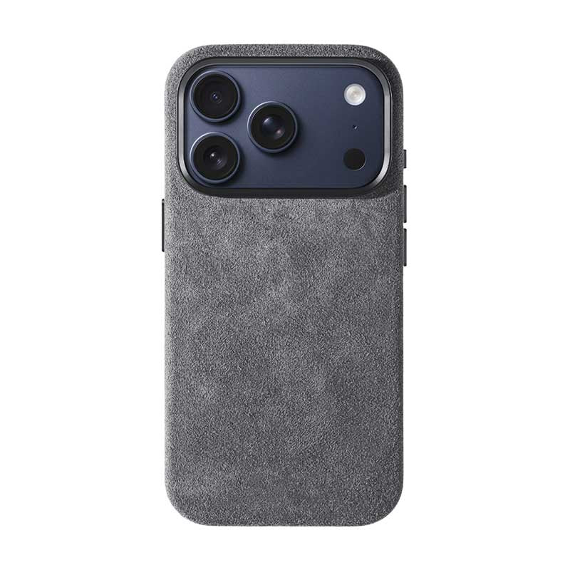 iPhone 17 Pro gray Alcantara phone case on white background