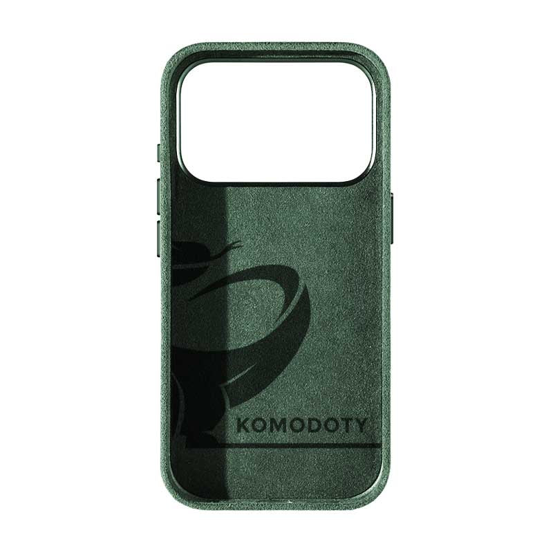 iPhone 17 Pro green Alcantara phone case with Komodoty logo inside on white background
