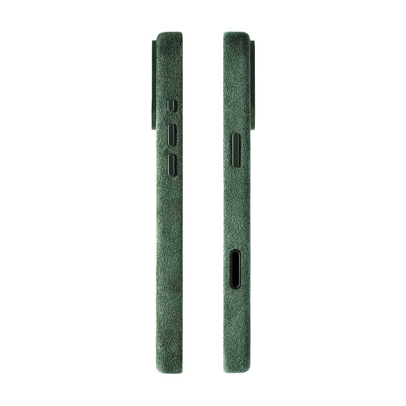 iPhone 17 Pro green Alcantara phone cases side view green buttons on white background