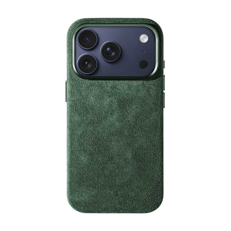 iPhone 17 Pro green Alcantara phone case on white background