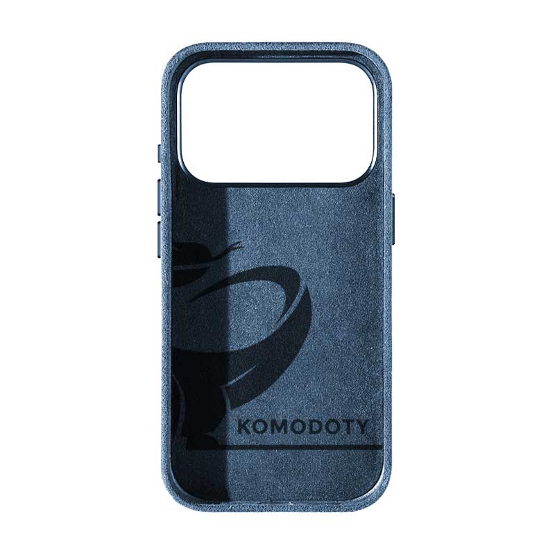 iPhone 17 Pro blue Alcantara phone case with Komodoty logo inside on white background