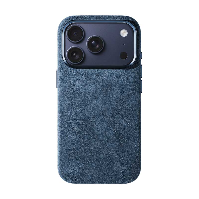 iPhone 17 Pro blue Alcantara phone case on white background