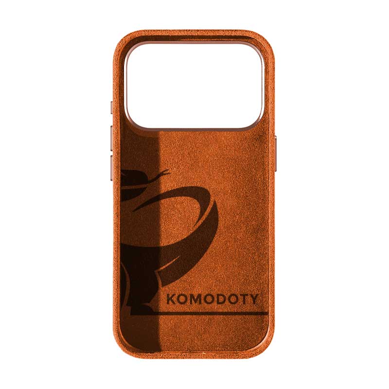 iPhone 17 Pro orange Alcantara phone case with Komodoty logo inside on white background