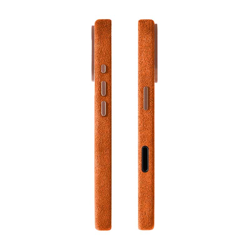 iPhone 17 Pro orange Alcantara phone cases side view orange buttons on white background