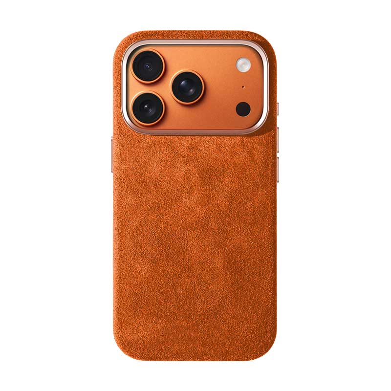 iPhone 17 Pro orange Alcantara phone case on white background