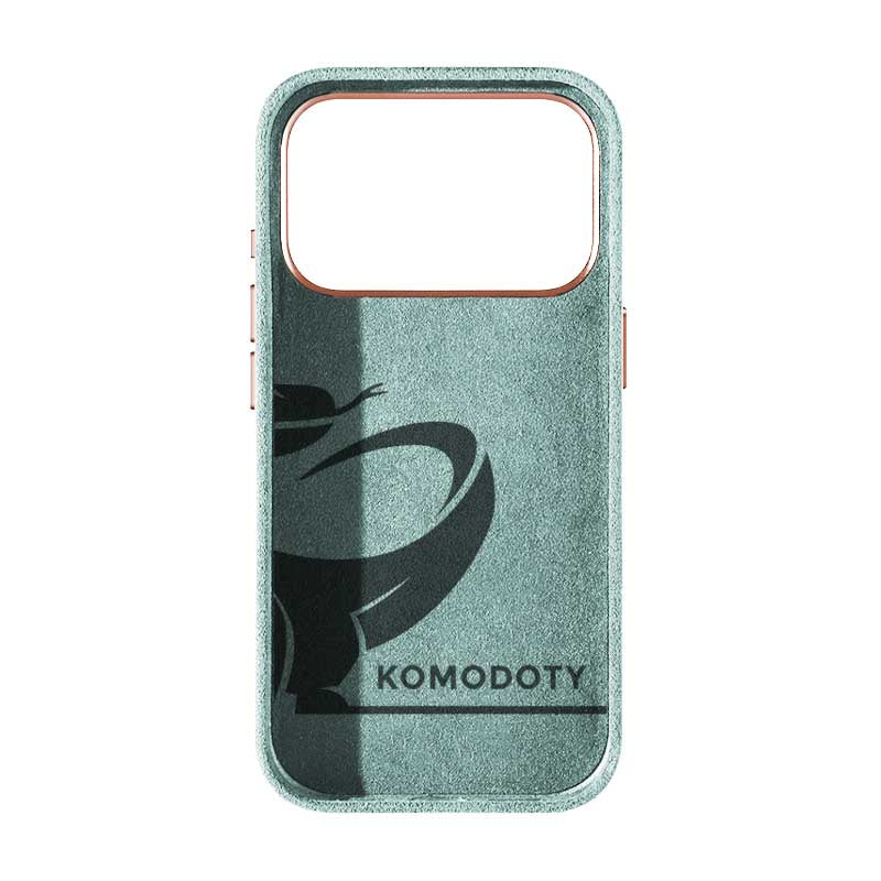 iPhone 17 Pro mint Alcantara phone case inside view with Komodoty logo on white background